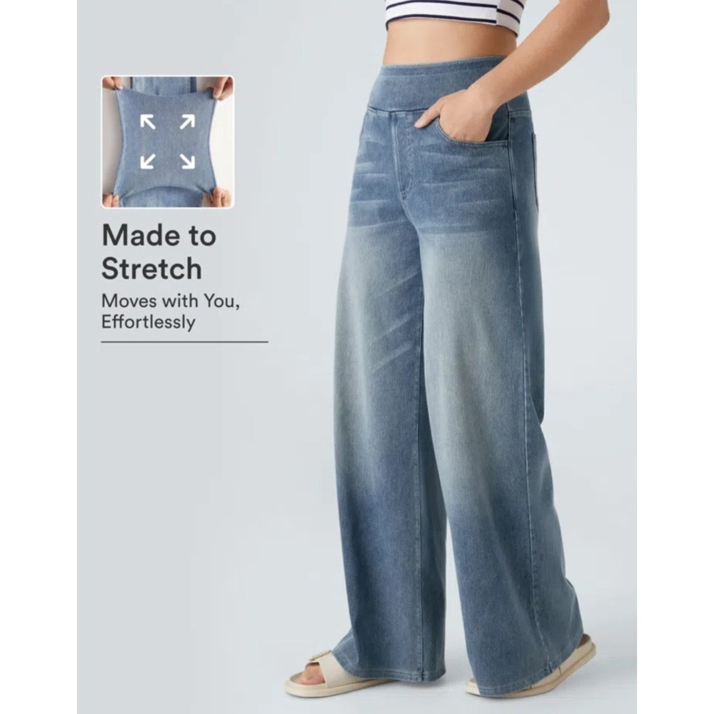 Halara High Waisted Pockets Baggy Wide Leg Washed Casual Jeans Large Regular